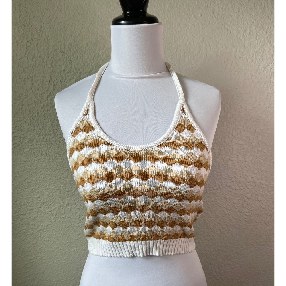 Willow & Wind Halter Top XS Knit Sleeveless Brown White Geometric Pattern‎